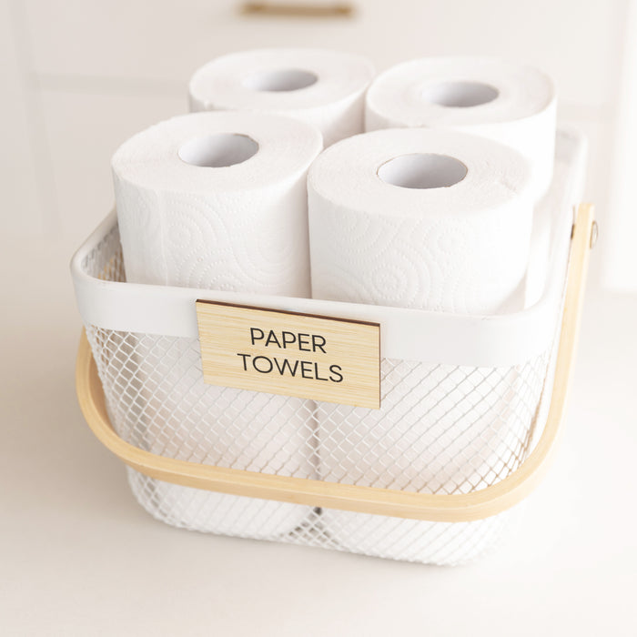 White Small Handy Storage Basket with Wooden Handle - Little Label Co The Home of Organisation For Kitchen, Bathroom, Laundry & More