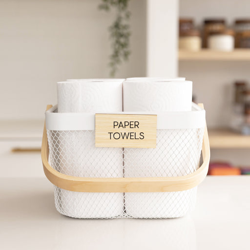 White Small Handy Storage Basket with Wooden Handle - Little Label Co The Home of Organisation For Kitchen, Bathroom, Laundry & More