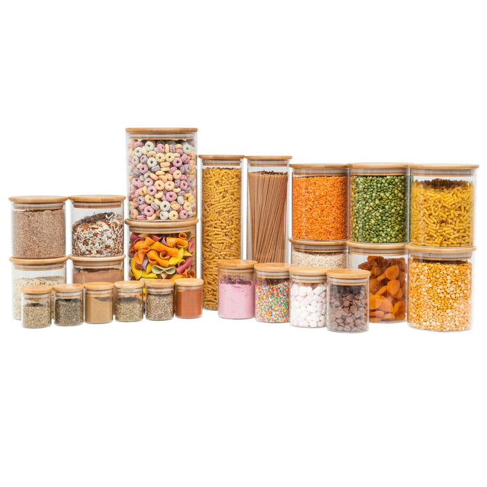 Bamboo Glass Jars Large Pack - Little Label Co - Spice Organizers - Bamboo Storage Solutions, bundle, Dry Food Strorage, Glass Storage, Herb & Spice Jar, Herb & Spice Jars, Kitchen Organisation, Kitchen Storage, mw_grouped_product, Pasta Jar, Storage Containers, Value Packs