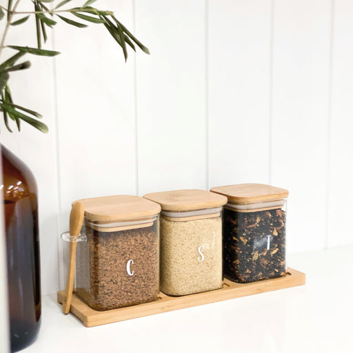 SQUARE GLASS JAR TRIO with BAMBOO LIDS and VINYL LABELS (with spoon an –  Our Happyhome Designs
