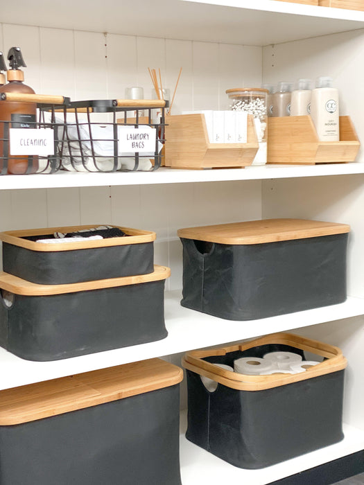 Black Fabric Bamboo Linen Storage Basket with Dividers - Little Label Co - Laundry Baskets - 60%, Catchoftheday, warehouse