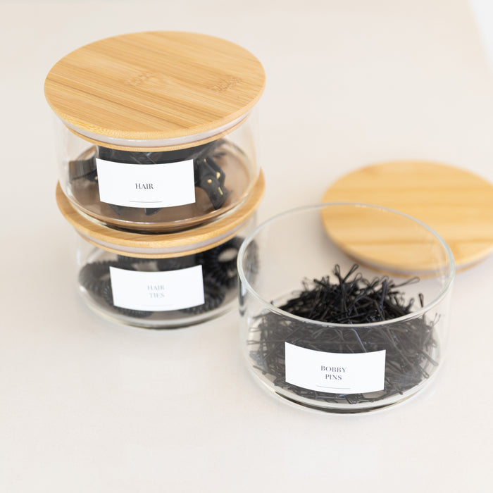 Round Stackable Bamboo Glass Jar Large Pack x 3