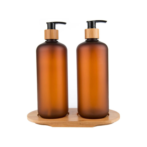 Brown Plastic Pump Bottles 500ml with Bamboo Tray - Little Label Co - Kitchen Tools & Utensils - 20%, Catchoftheday