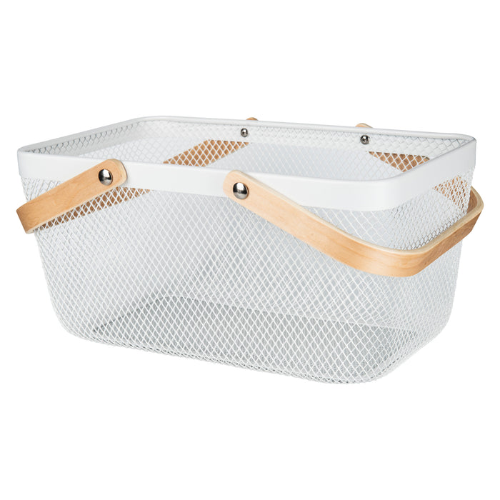 White Large Handy Storage Basket with Wooden Handle