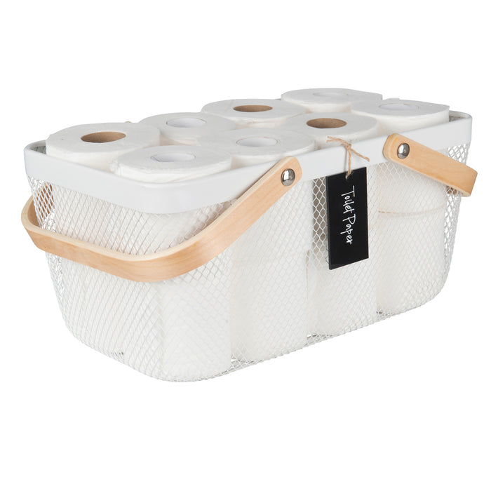 White Large Handy Storage Basket with Wooden Handle