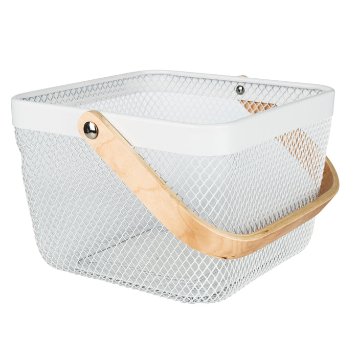 White Small Handy Storage Basket with Wooden Handle
