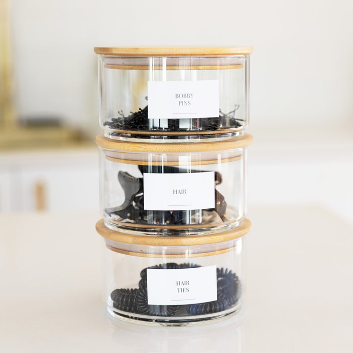 Round Stackable Bamboo Glass Jar Large Pack x 3