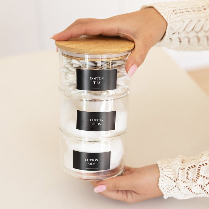 Round Stackable Bamboo Glass Jar Small Pack x 3