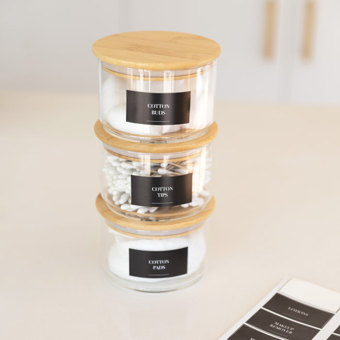 Round Stackable Bamboo Glass Jar Small Pack x 3