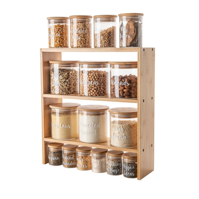 Standing 3-Tier Rack with Glass and Bamboo Spice Jar Pack - Little Label Co - Spice Organizers - Bamboo Storage Solutions, bundle, Catchoftheday, Food Storage Containers, Herb & Spice Jar, Herb & Spice Jars, mw_grouped_product, Storage Containers, Value Packs