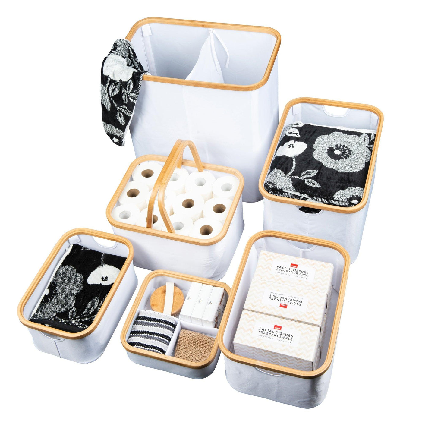 White Fabric Bamboo Linen Basket with Dividers Little Label Co